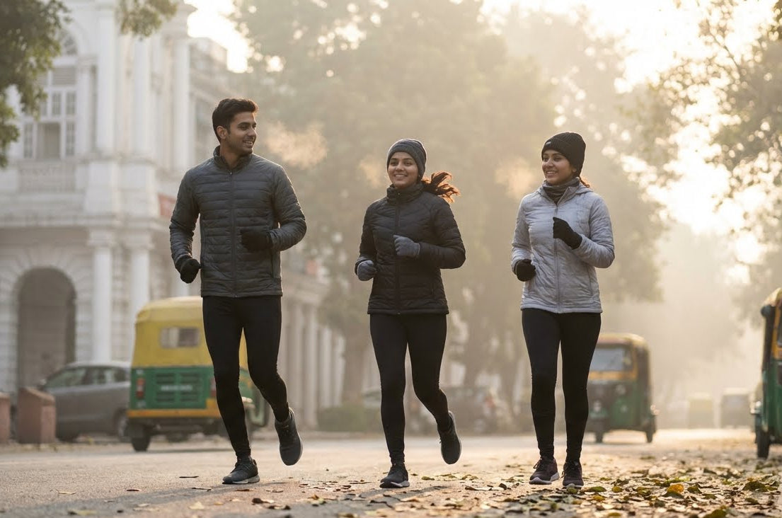 Three people jogging on a street with a building and trees in the background