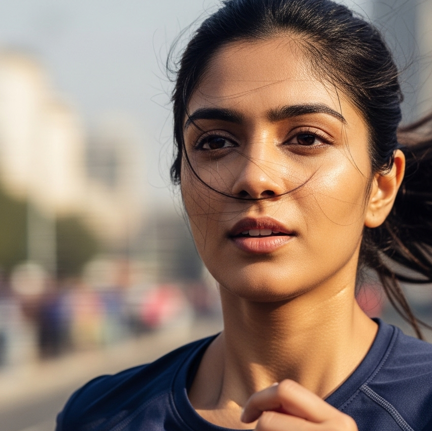 Woman running outdoors with a blurred background