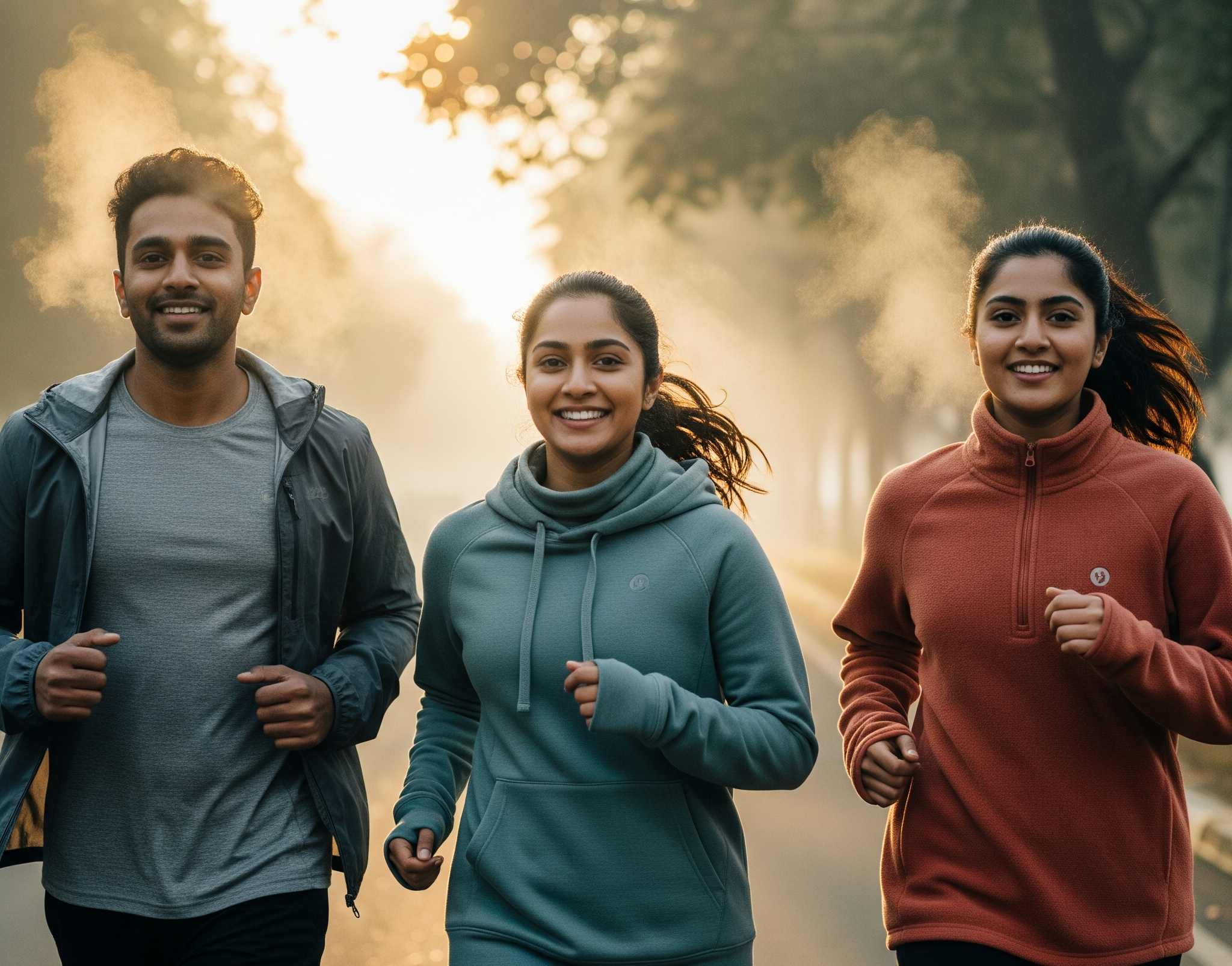 Three people running outdoors in a park with trees and sunlight in the background